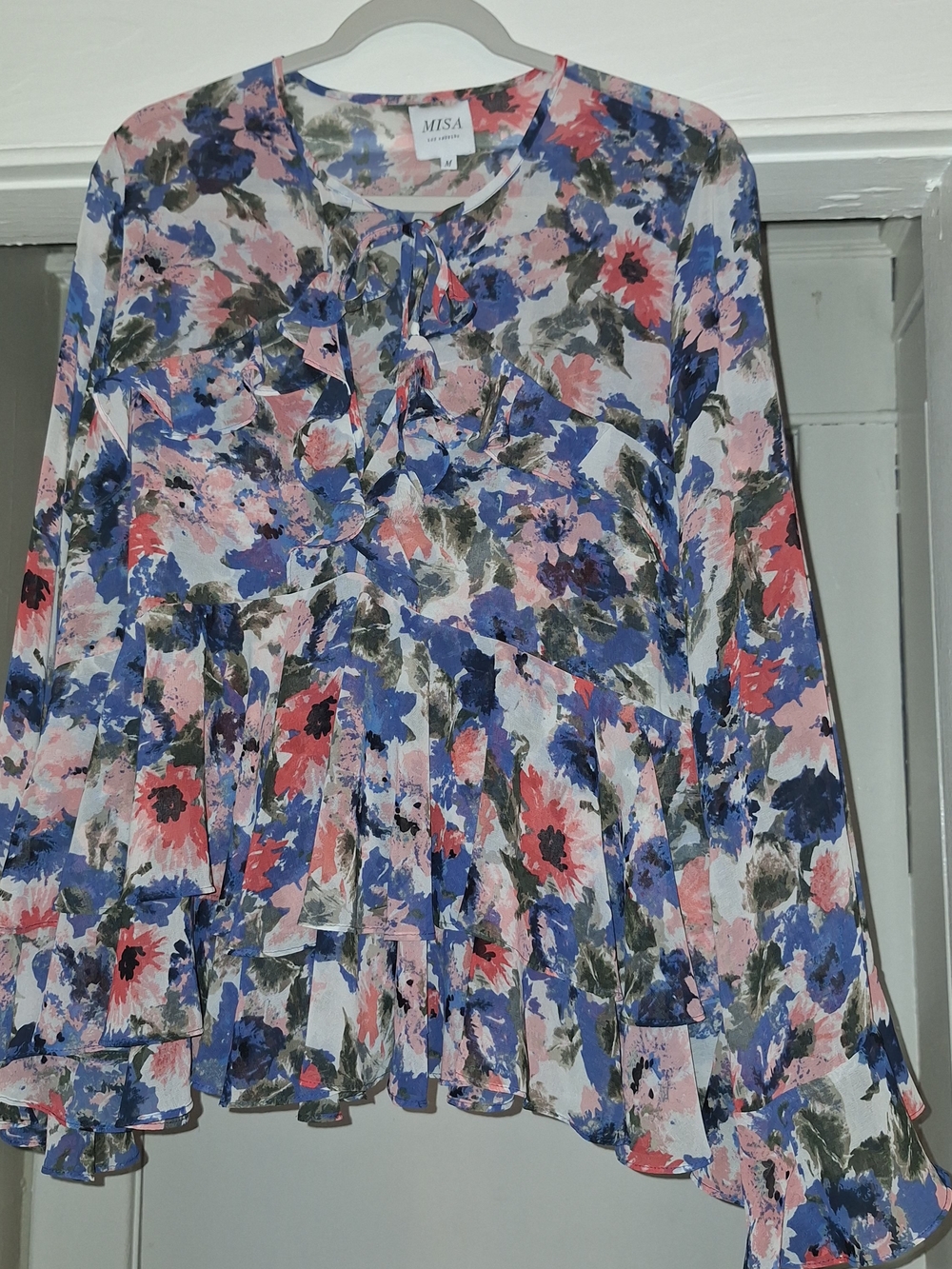 Misa Los Angeles Floral Tie-Neck Blouse - Blue Pink Multi. Bohemian